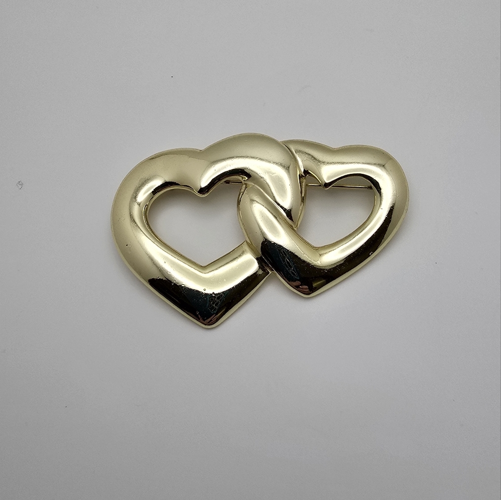 Gold Tone Double Heart Brooch